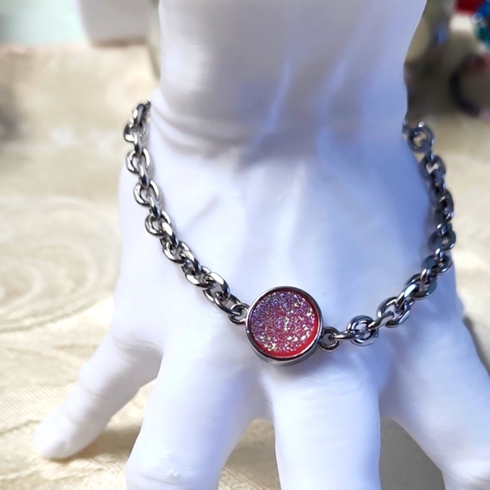 Striking Silver and Pink Chain Link Bracelet!